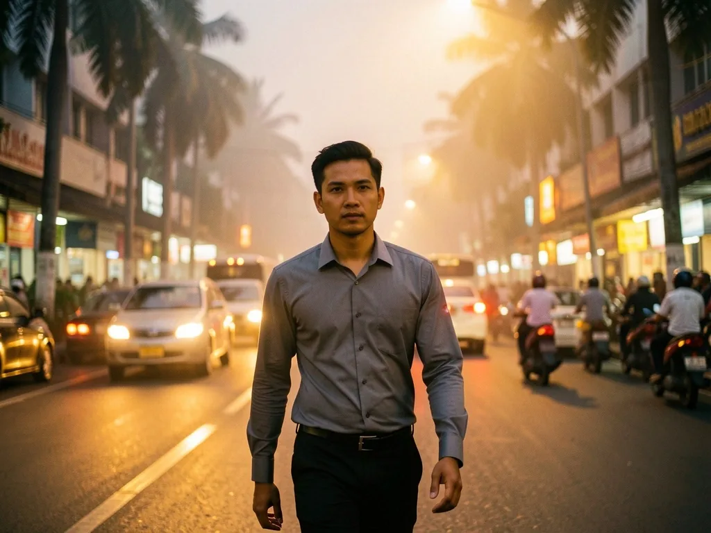 Indonesian professional navigating urban environment at dusk