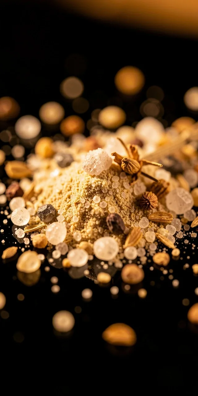Macro view of mineral and botanical supplement ingredients on a dark surface