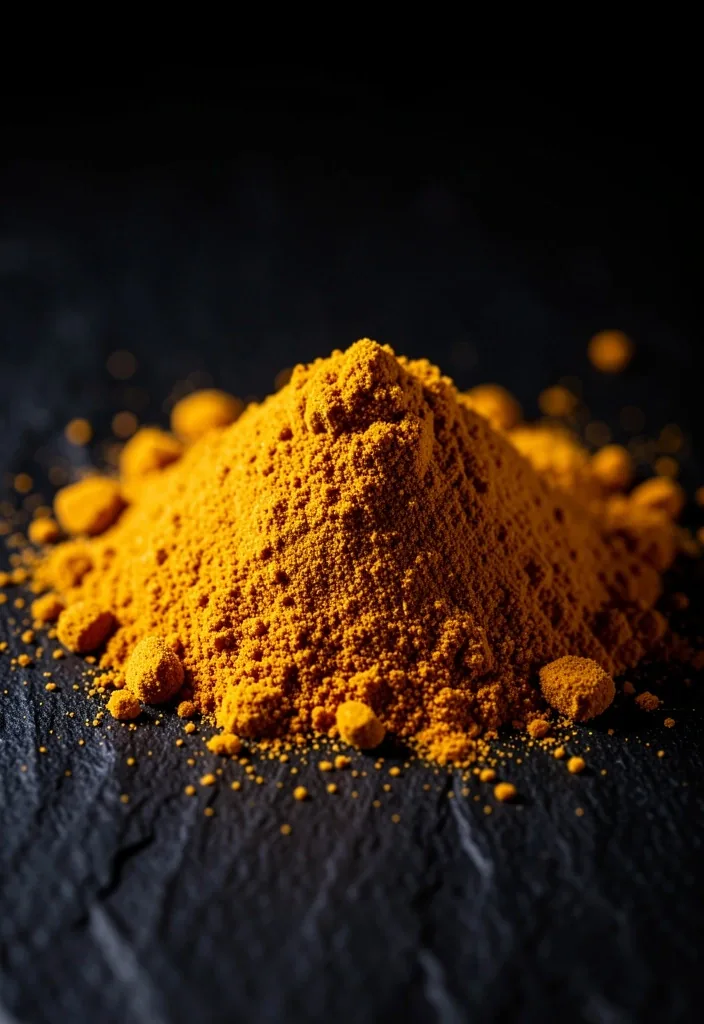 Macro view of turmeric powder on a dark surface